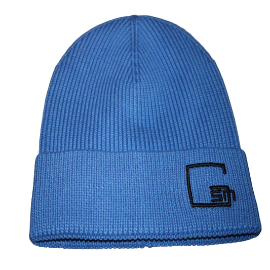 Blue beanie with a logo on a white background