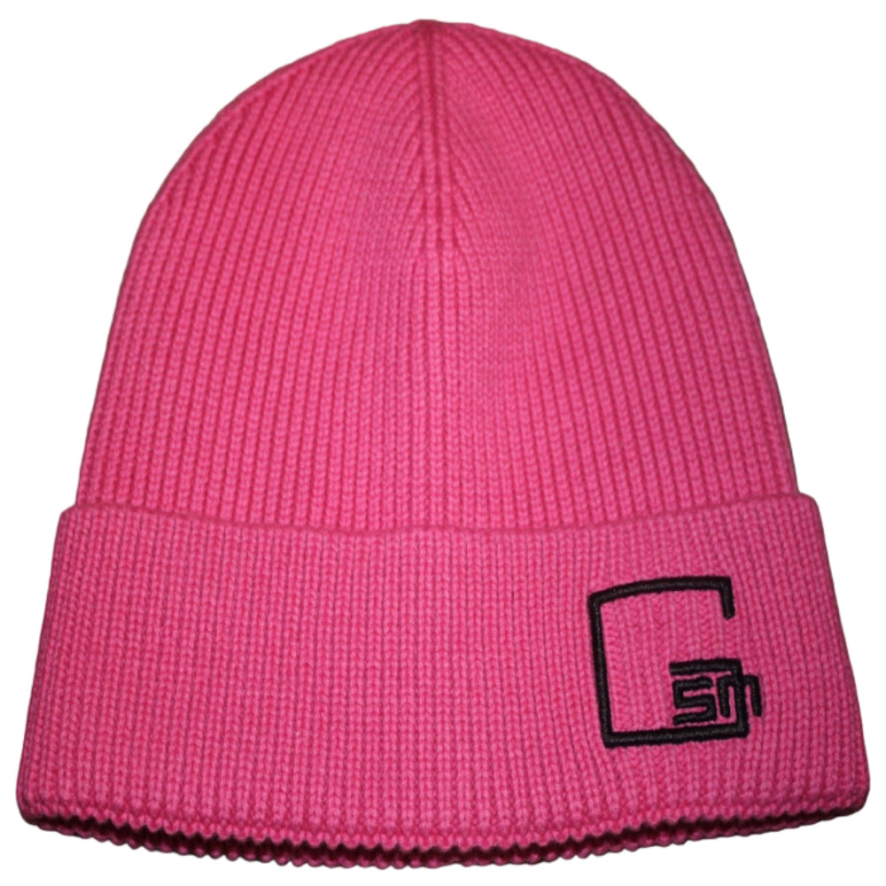 Pink beanie with a black logo on a white background