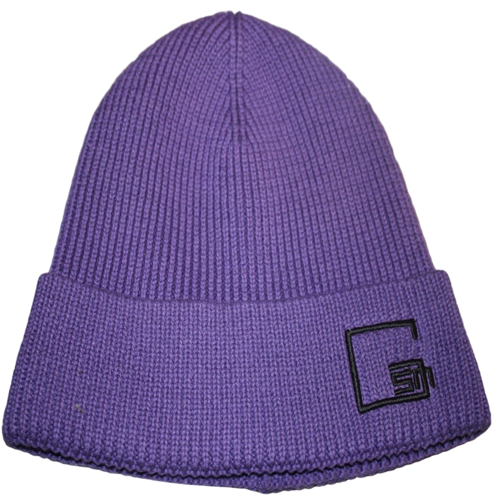 Purple beanie with a logo on a white background